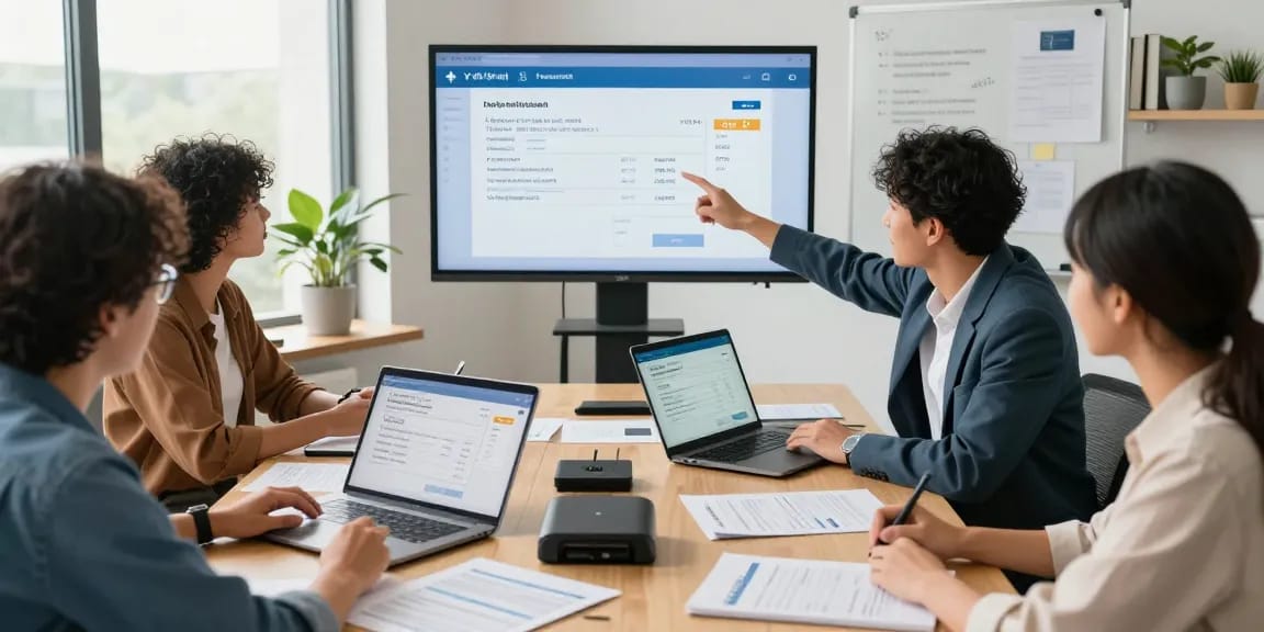 Team of professionals detecting fake invoice discrepancies in a modern workspace.