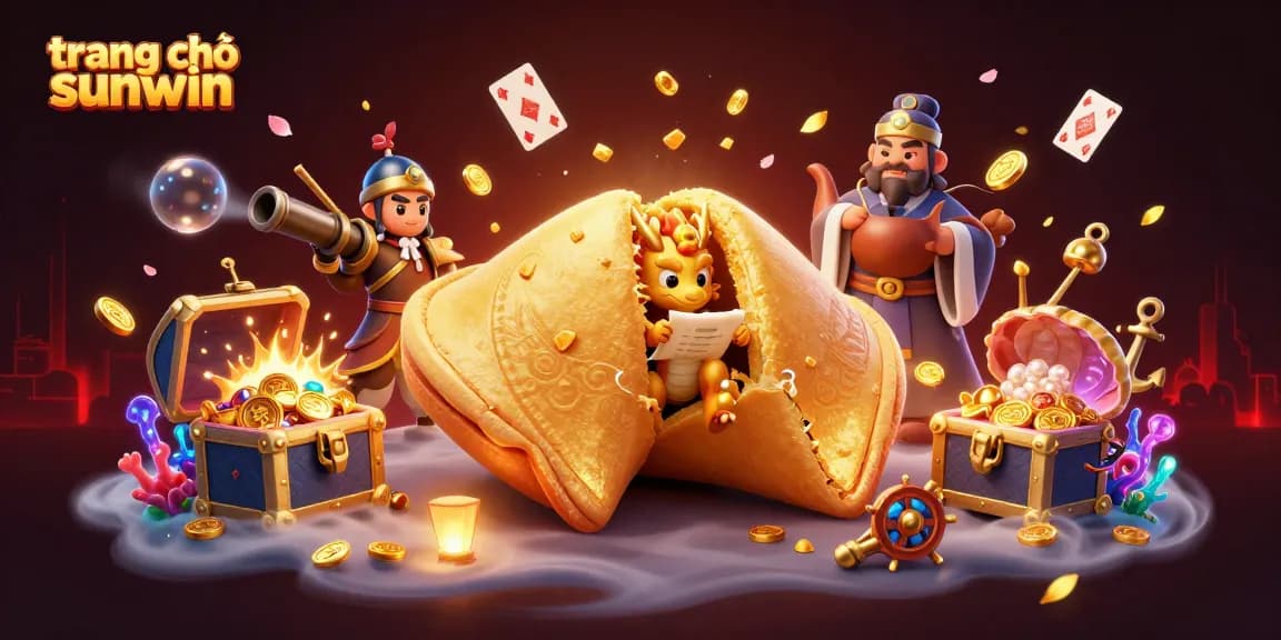 Engage with a vibrant illustration showcasing the trang chủ sunwin featuring a giant golden fortune cookie and dynamic casino elements.