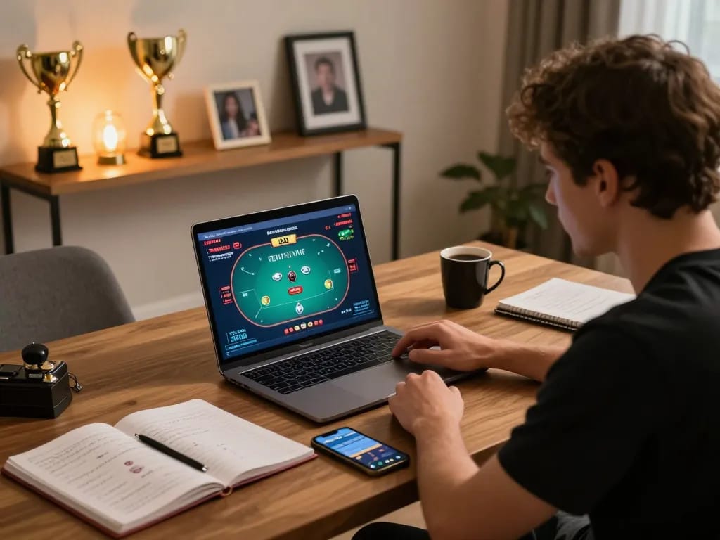 Player strategizing on 888top while engaged in online poker at home.