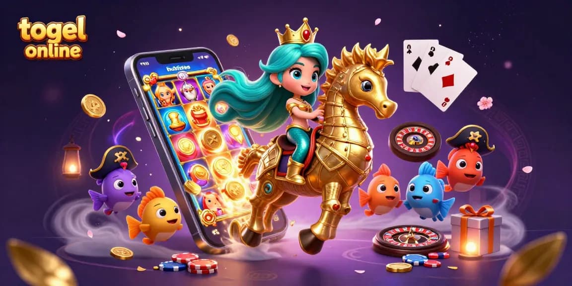 Menang togel online dengan putri duyung dan kuda laut, dikelilingi simbol slot dan permainan.