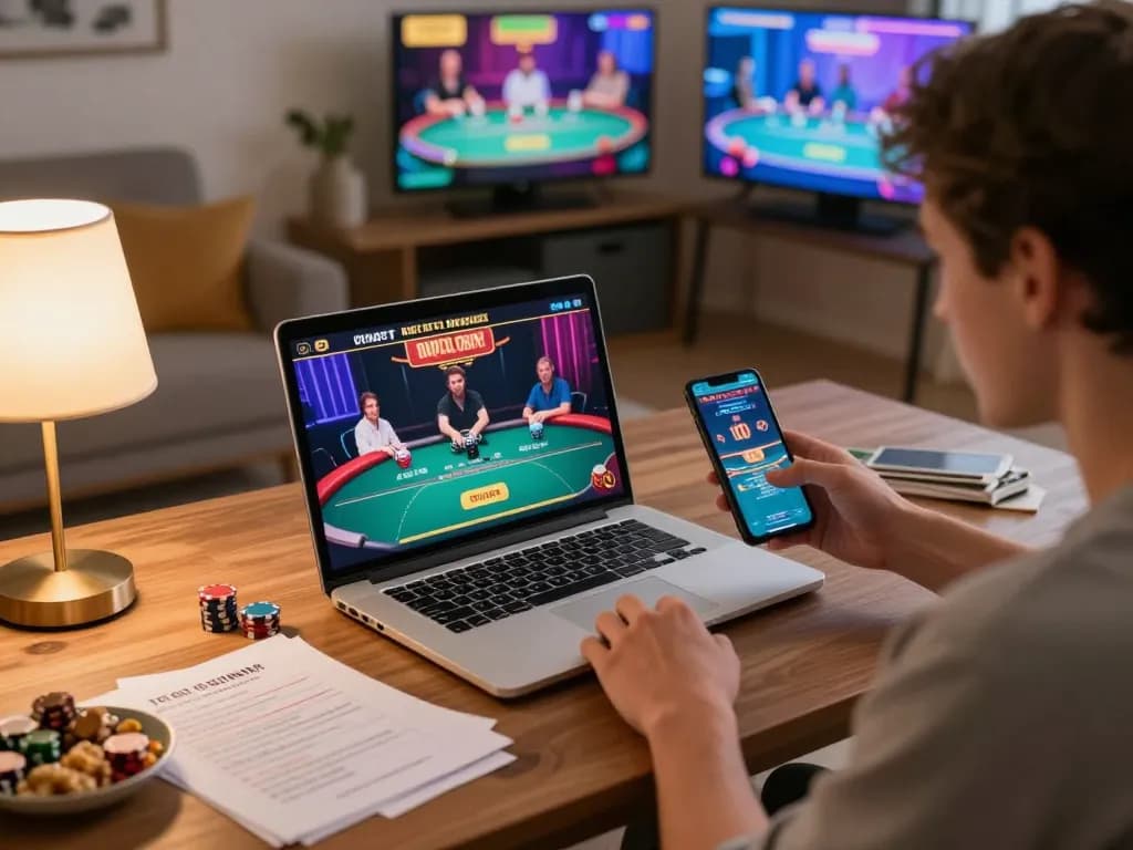 Player engaging in strategic online poker at home with W 88 app visible on screen.