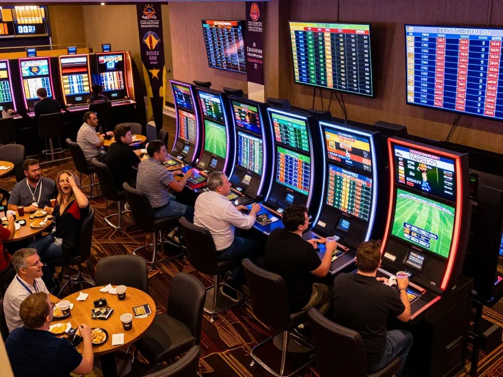 Engaged bettors reviewing Bảng Xếp Hạng sports rankings and statistics in a lively casino atmosphere