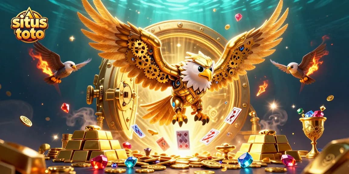 Experience thrilling gameplay at situs toto with a golden eagle surrounded by casino treasures and holographic cards.