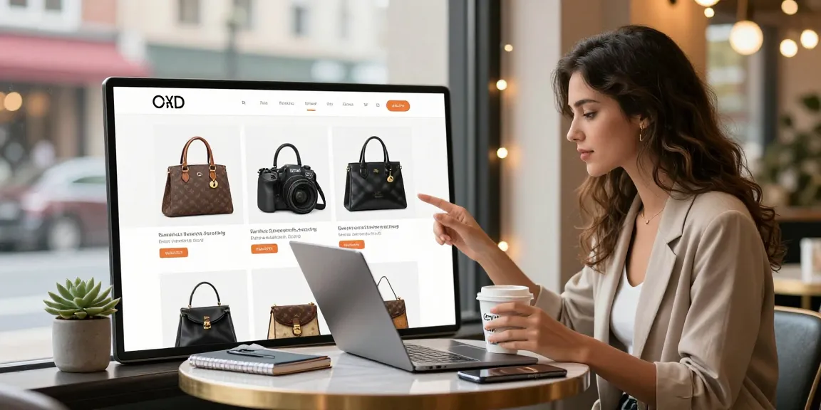 Shopping for high-quality 명품 레플리카 handbags in a chic cafe, showcasing luxury online fashion.