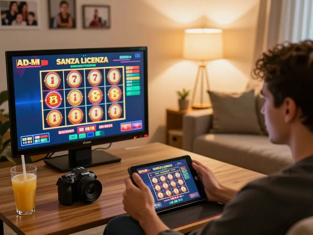 Player engaged in casino senza licenza adm online gaming experience with tablet, vivid slot reels visible