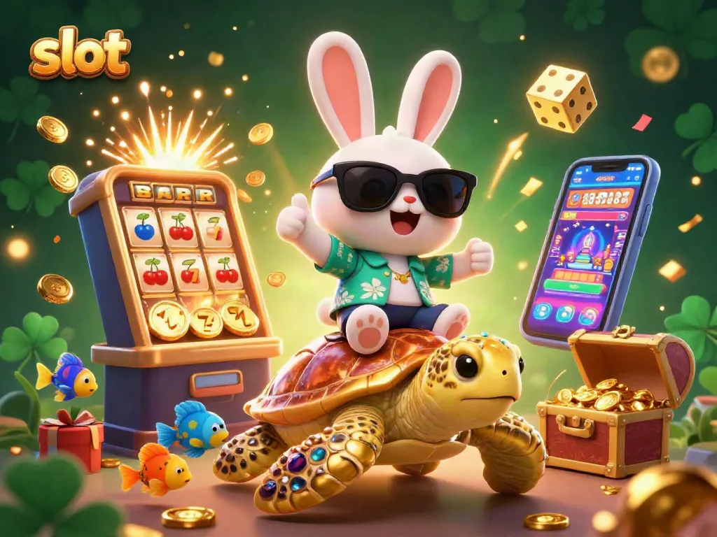 Menangkan slot dengan gambar mesin slot 3D, kelinci beruntung, dan latar belakang yang menarik.