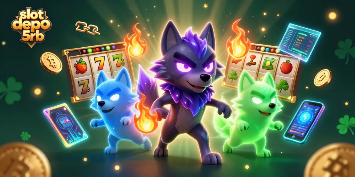 Engage with slot depo 5rb featuring a powerful wolf trio amidst dynamic gaming elements and vibrant visuals.
