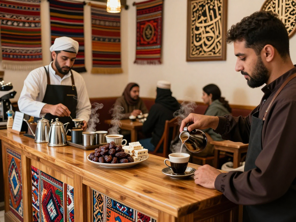 قهوجيين وصبابين يعملون في مقهى تقليدي مع أجواء دافئة وأنشطة اجتماعية.