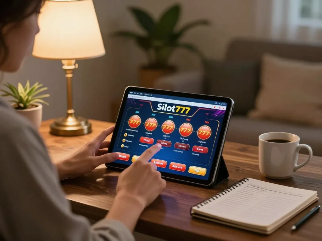 Situs slot777 game interface displayed on tablet, depicting a vibrant online casino experience in a cozy living room.