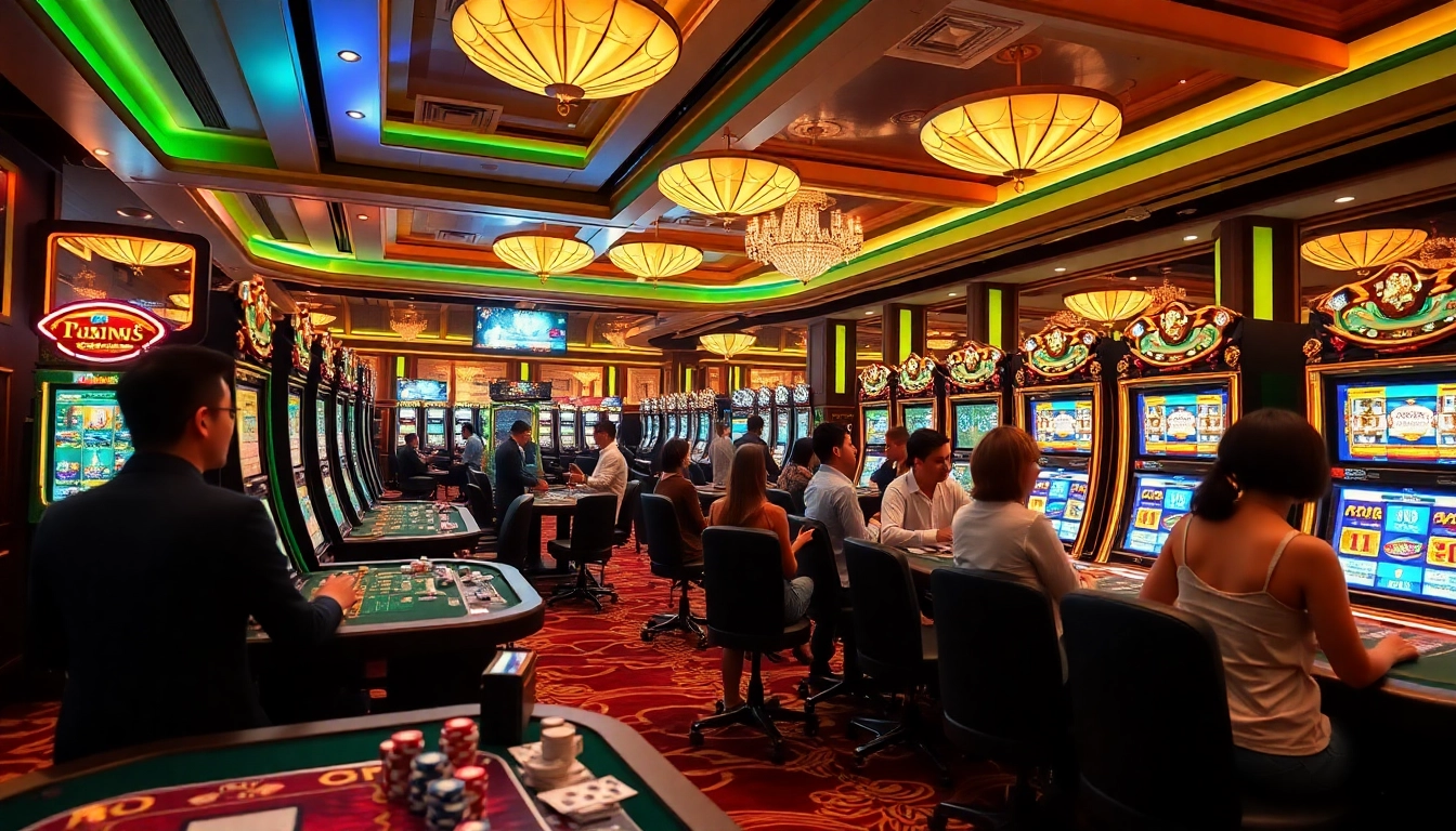 Pemain menikmati deposit pulsa tanpa potongan pada mesin slot mewah dengan dekorasi berwarna-warni di kasino.