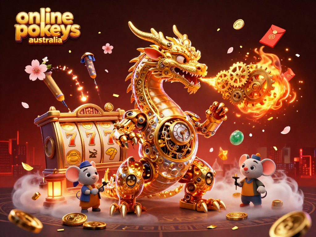 Engage with online pokies Australia through vibrant 3D Casino illustrating a dragon, jackpots, and game elements.