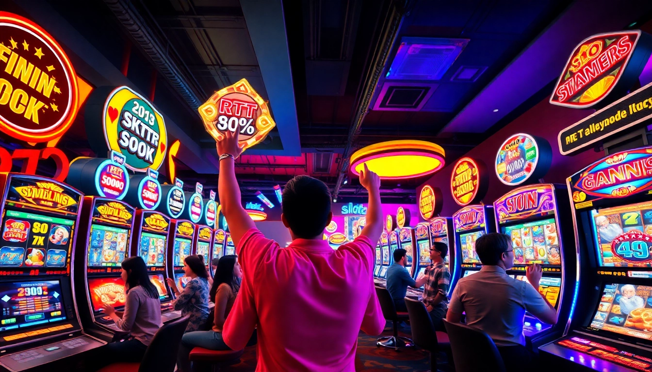 Engaging slot hoki gaming scene with vibrant slot machines and enthusiastic players in a lively casino environment.
