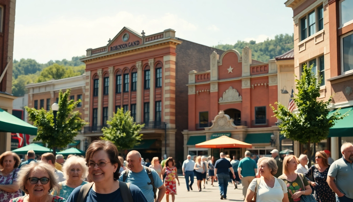 Residents enjoying community activities in Clarksburg, featuring historic architecture.