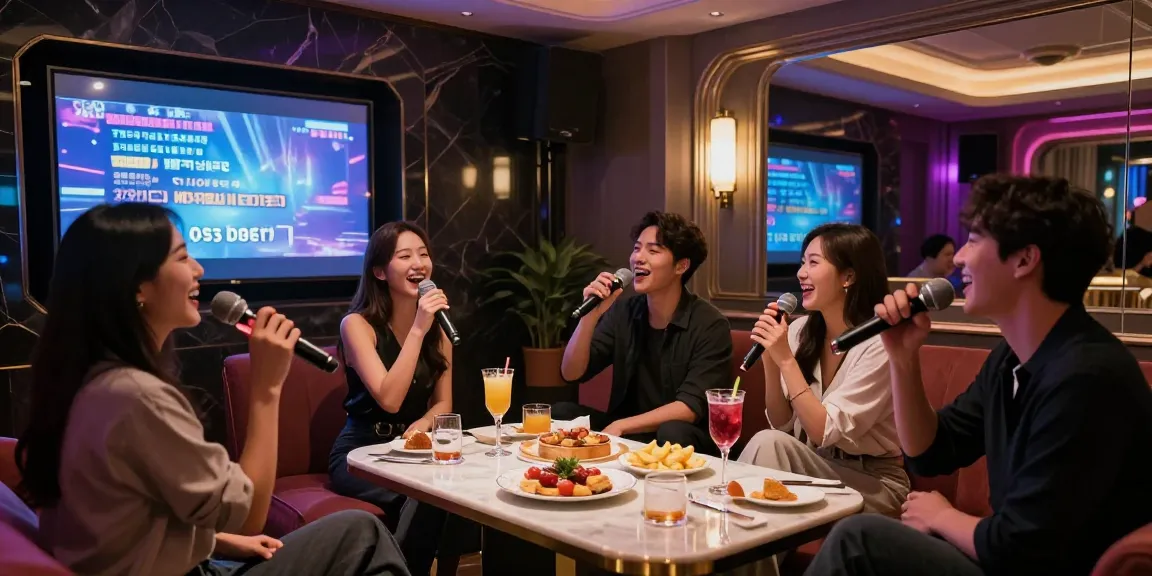 Enjoying a vibrant night at 강남가라오케 with friends in an upscale karaoke setting.