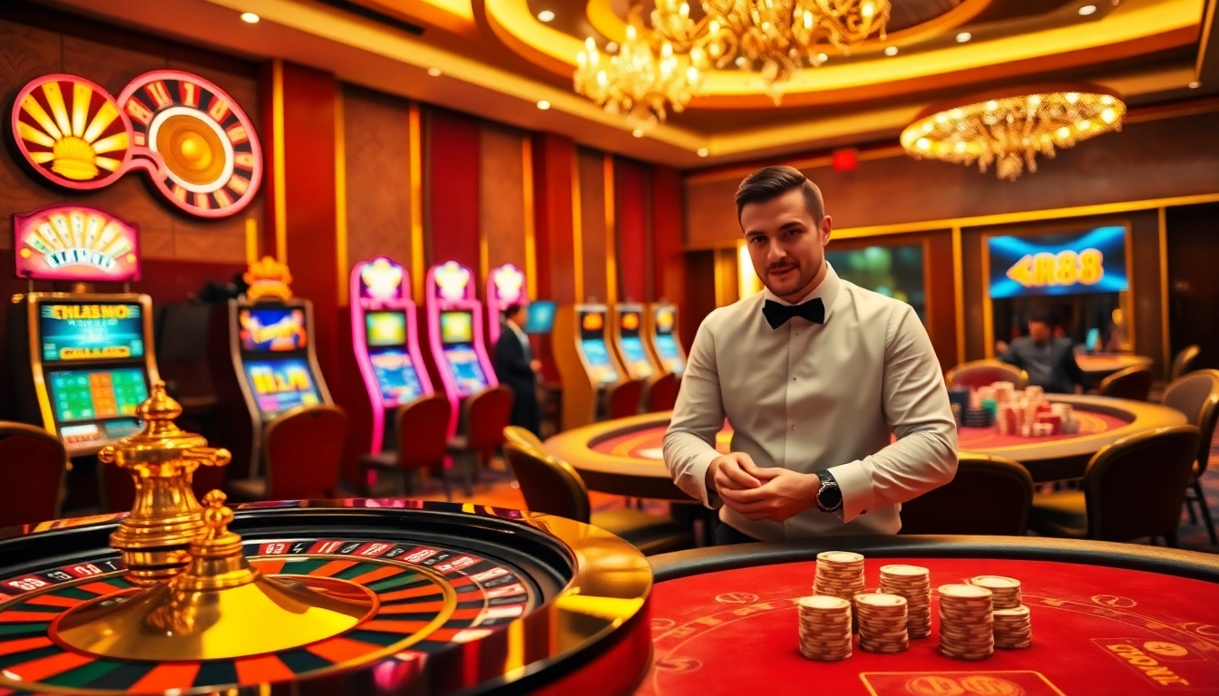 Engaging RR88 casino scene with poker chips, roulette wheel, and slot machines highlighting excitement.