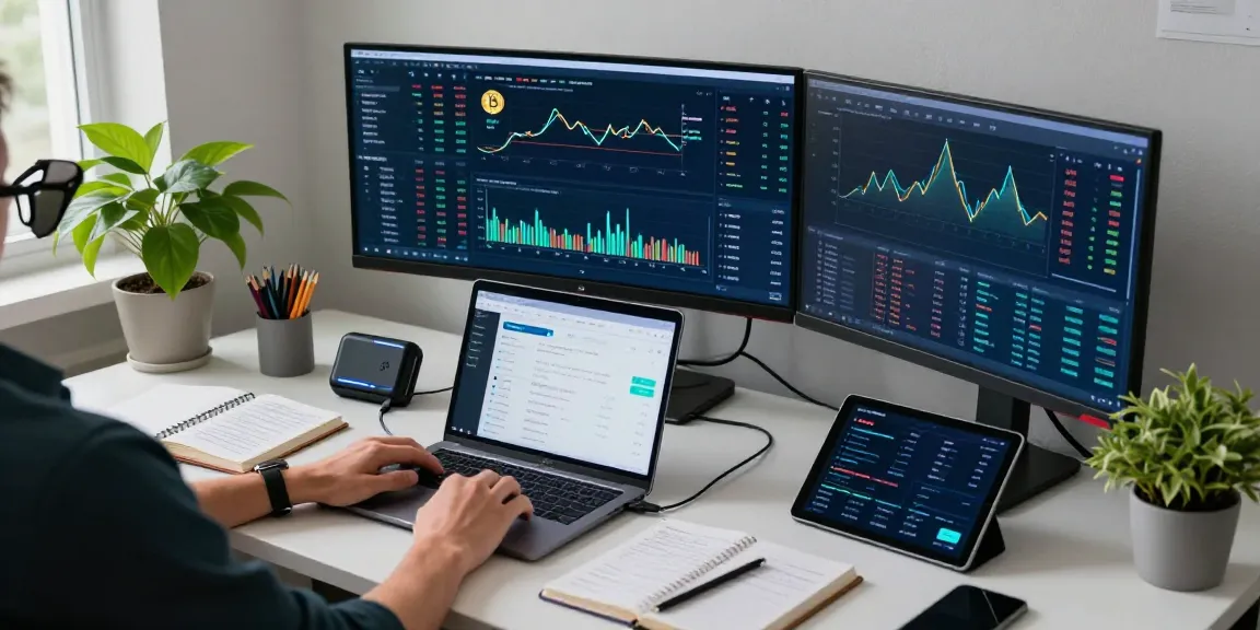 Cloud mining crypto setup with advanced technology in a professional trading workspace showcasing live cryptocurrency markets and secure wallet.