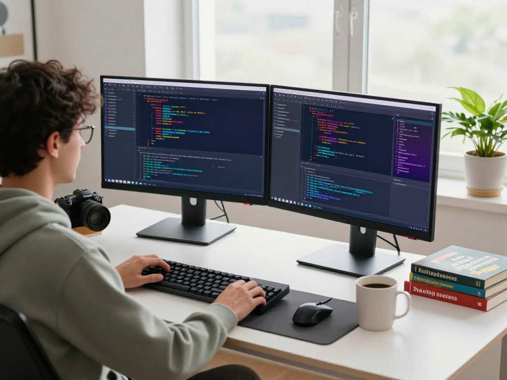 Developer coding on dual monitors in a stylish workspace, showcasing the innovative crushon software environment.