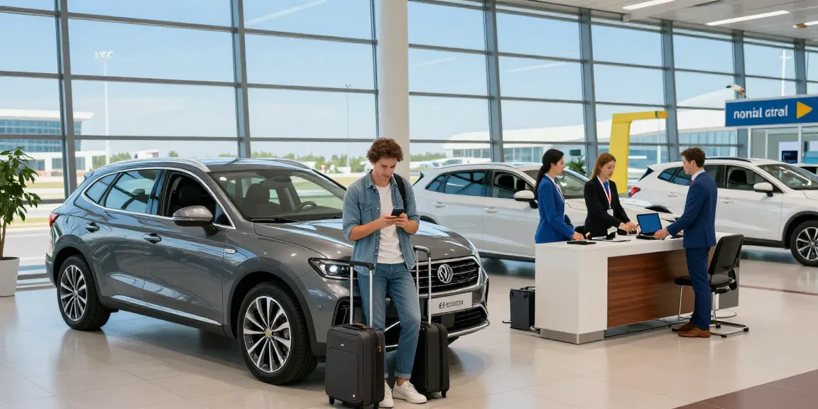 Rent a car chisinau airport scene with traveler at rental desk checking vehicle options for a seamless trip