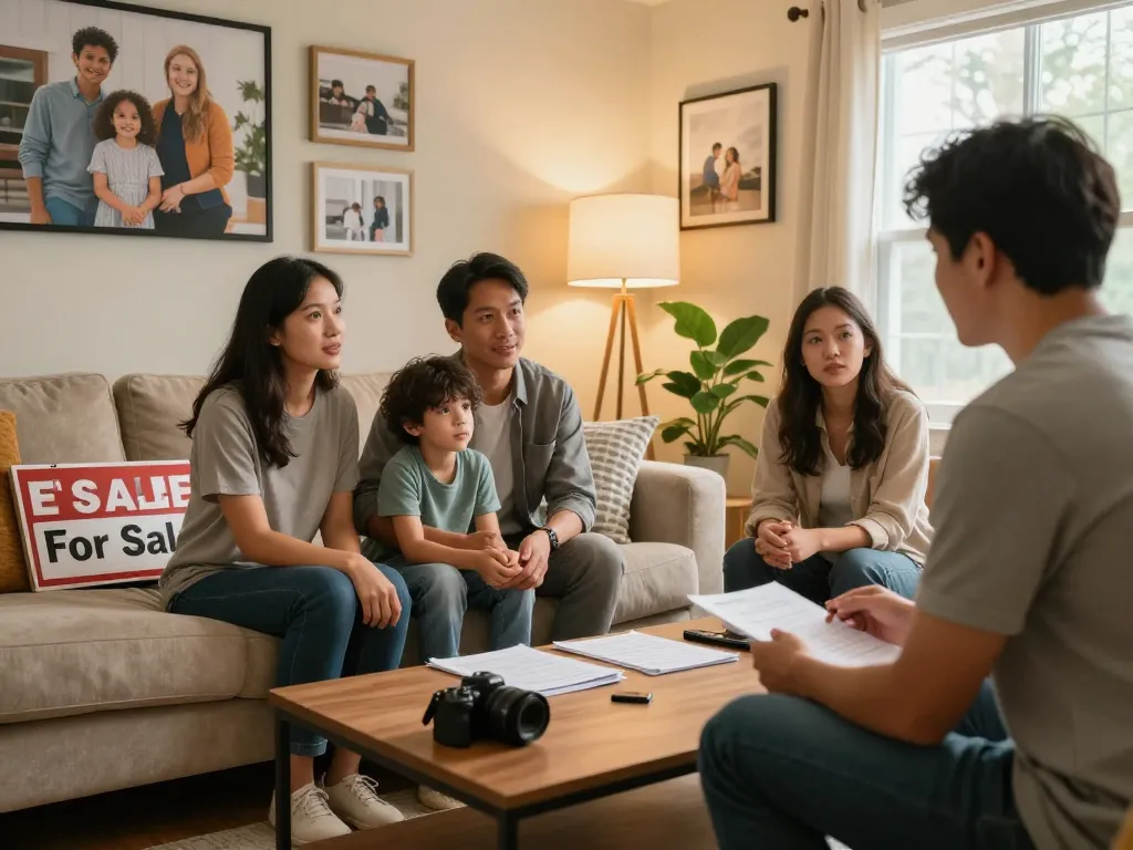 We buy houses for cash discussion in a cozy living room, highlighting family consultation with cash home buyer.