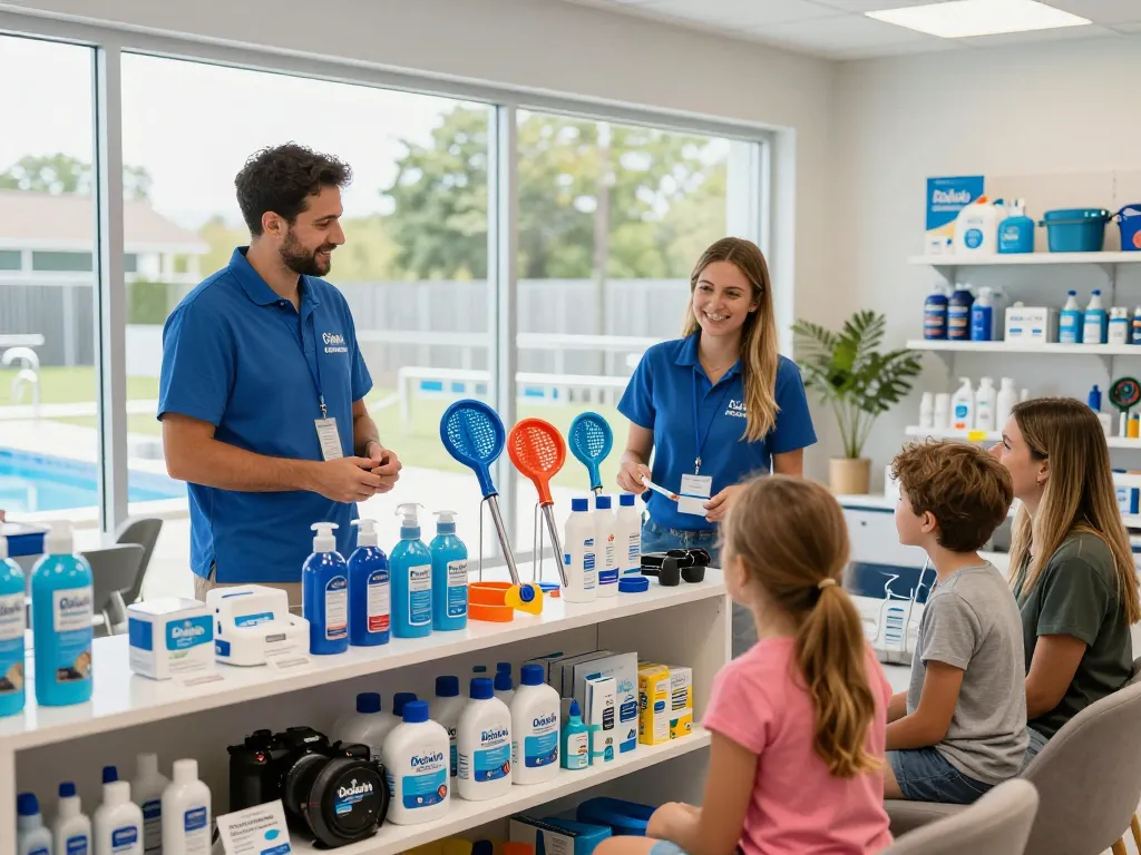 Dolphin Pool Services staff assisting families in a vibrant showroom with pool maintenance equipment.