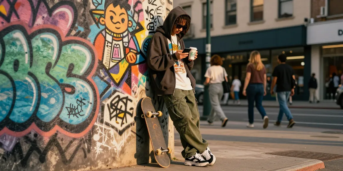 Stylish trendsetter in 레플리카 streetwear against vibrant graffiti wall, showcasing modern urban fashion.