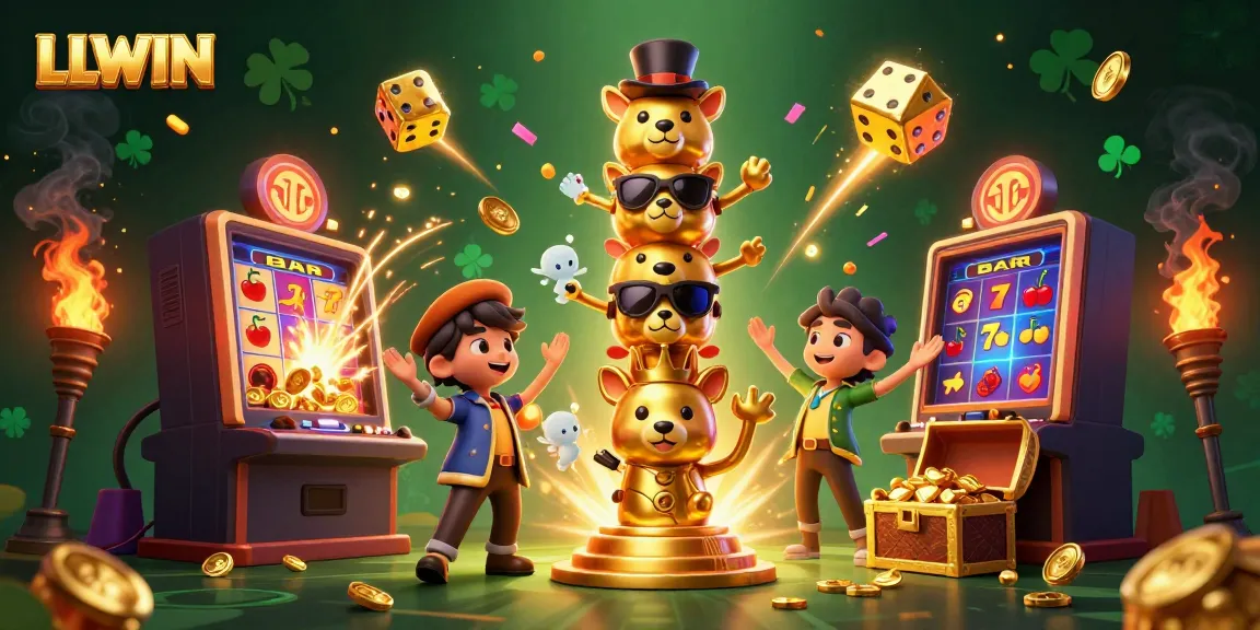 Experience the thrill of LLWIN with playful casino characters amid jackpot excitement and dynamic gaming elements.