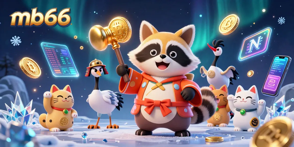 Experience the thrill of gaming with mb66, featuring a festive tanuki holding lucky symbols and vibrant crypto elements.