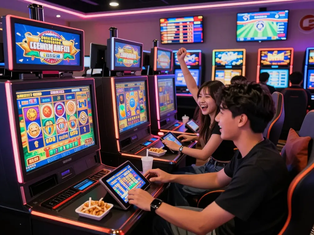 Players enjoying link gacor games on tablets in a lively casino environment.