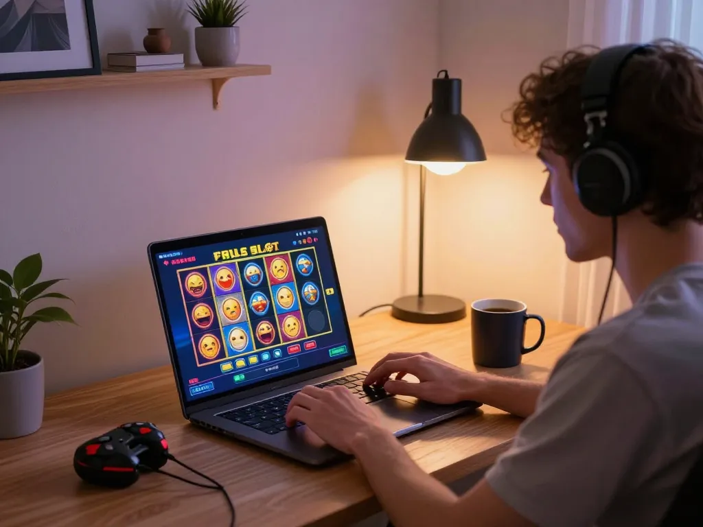 Engaging online gaming experience with situs slot on laptop in a cozy home environment.