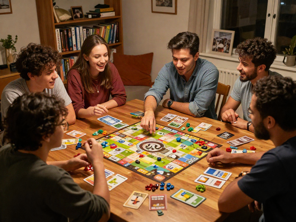 Cialis enhancing social engagement during a lively board game night with friends.