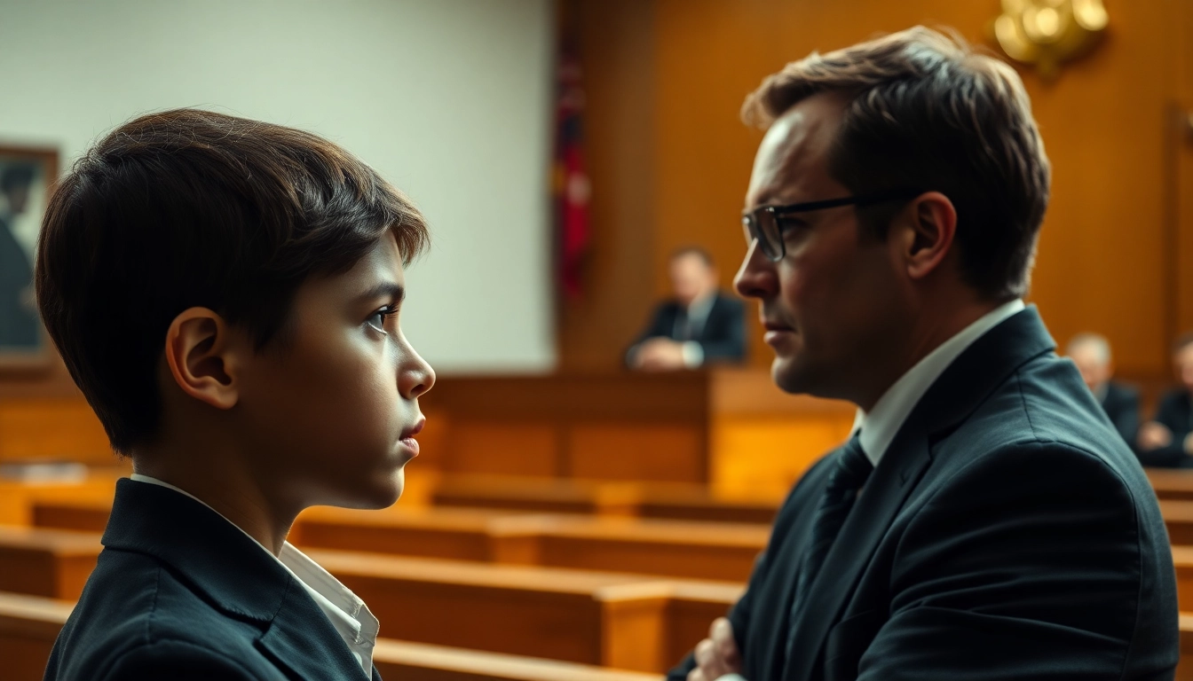 Jugendstrafrecht courtroom scene with young defendant and attentive lawyer.