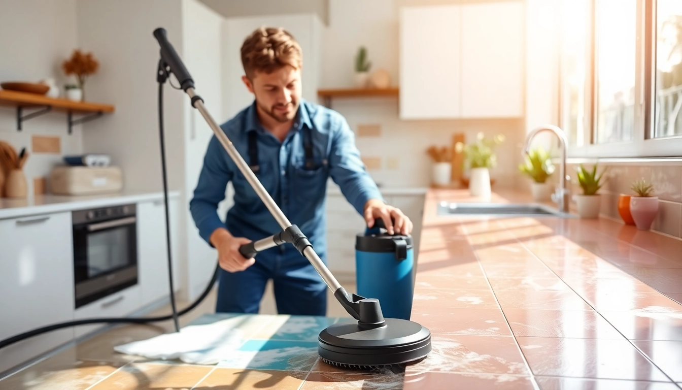 Tile cleaners near me demonstrating professional equipment and techniques in a vibrant kitchen.