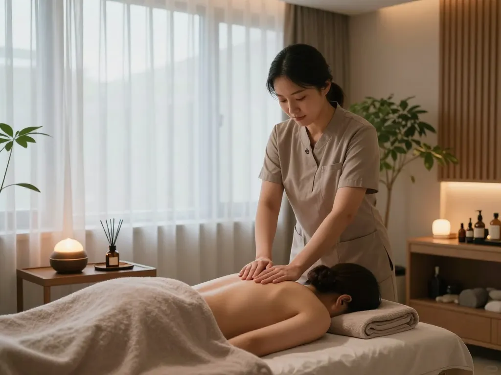 편안한 잠실스웨디시 마사지 치료 장면, 평화로운 분위기와 숙련된 손길을 보여줍니다.