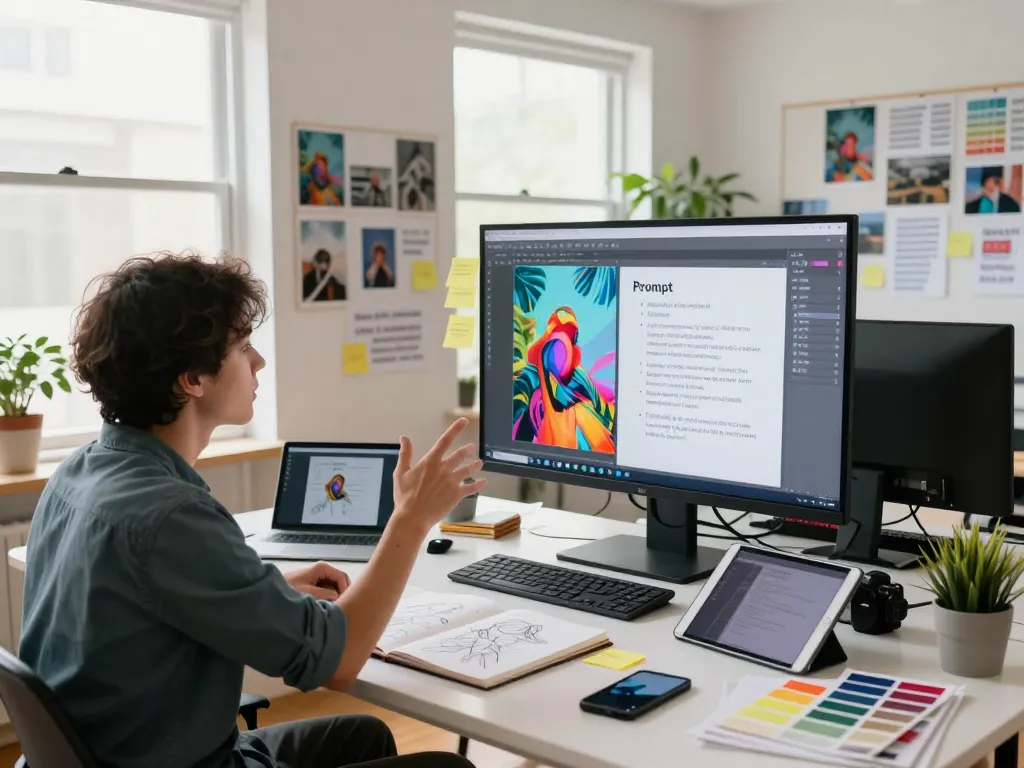 Transforming an image to prompt in a dynamic creative workspace with sketches and technology.