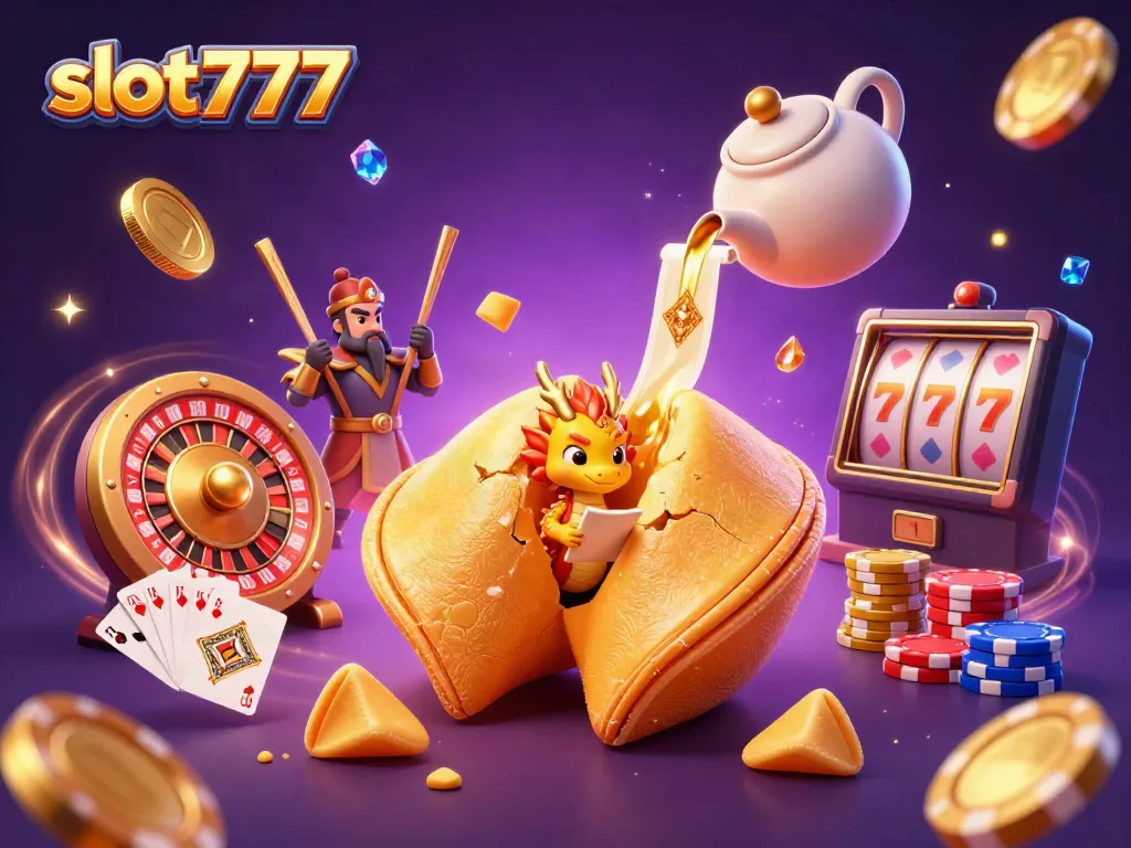 Mainkan slot777 dengan ilustrasi kasino emas yang menunjukkan keberuntungan dan kumpulan chip poker.