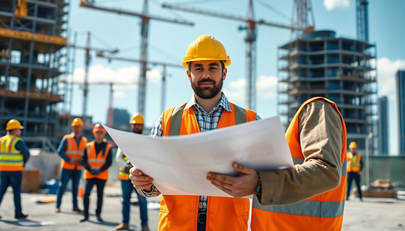 New York Construction Manager overseeing a bustling construction site with blueprints in hand.