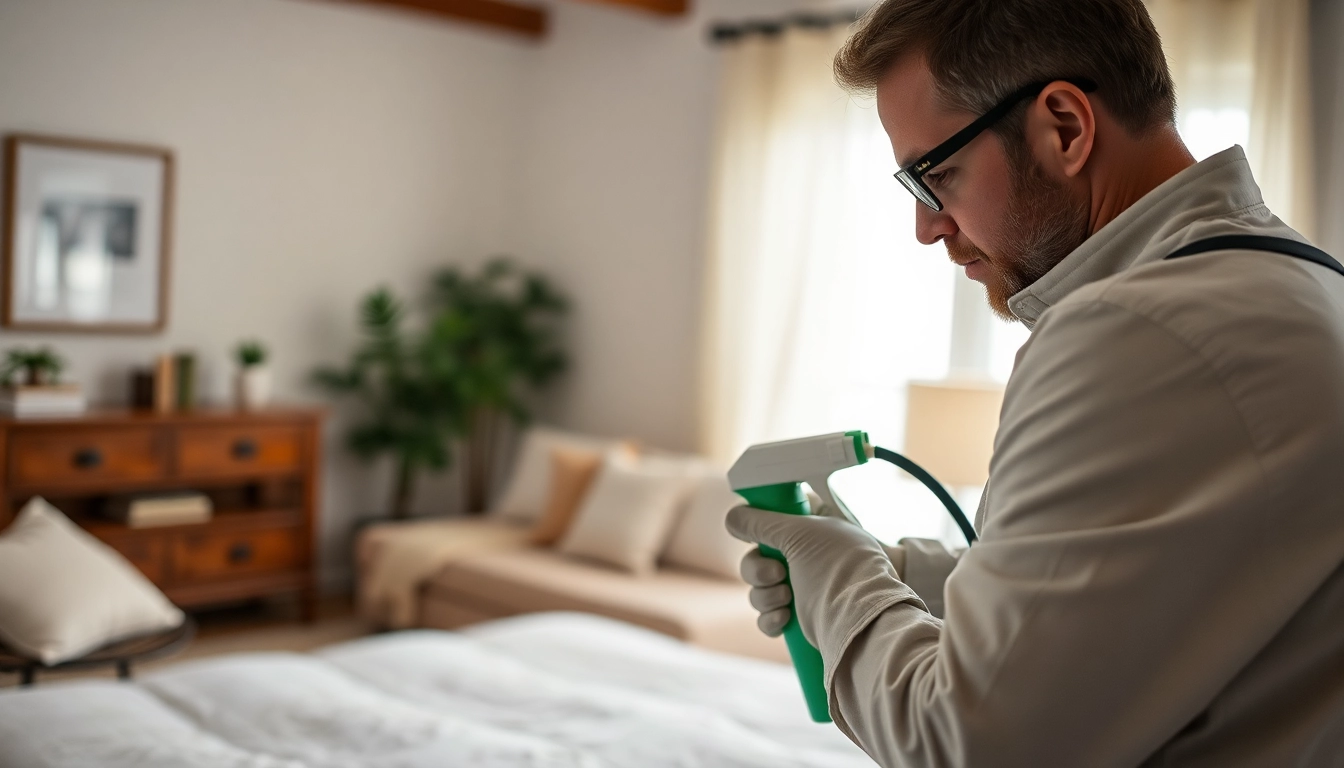 Efficient bed bug services near me by a pest control specialist inspecting a living room.