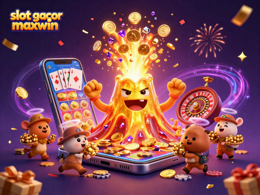 Rasakan slot gacor maxwin dengan gunung berapi emas yang memancarkan koin dan permata, dikelilingi permainan slot menarik.