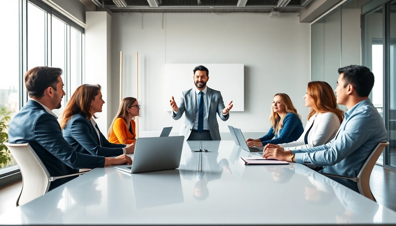 Corporate coach leading an interactive training session with executives in a modern setting.