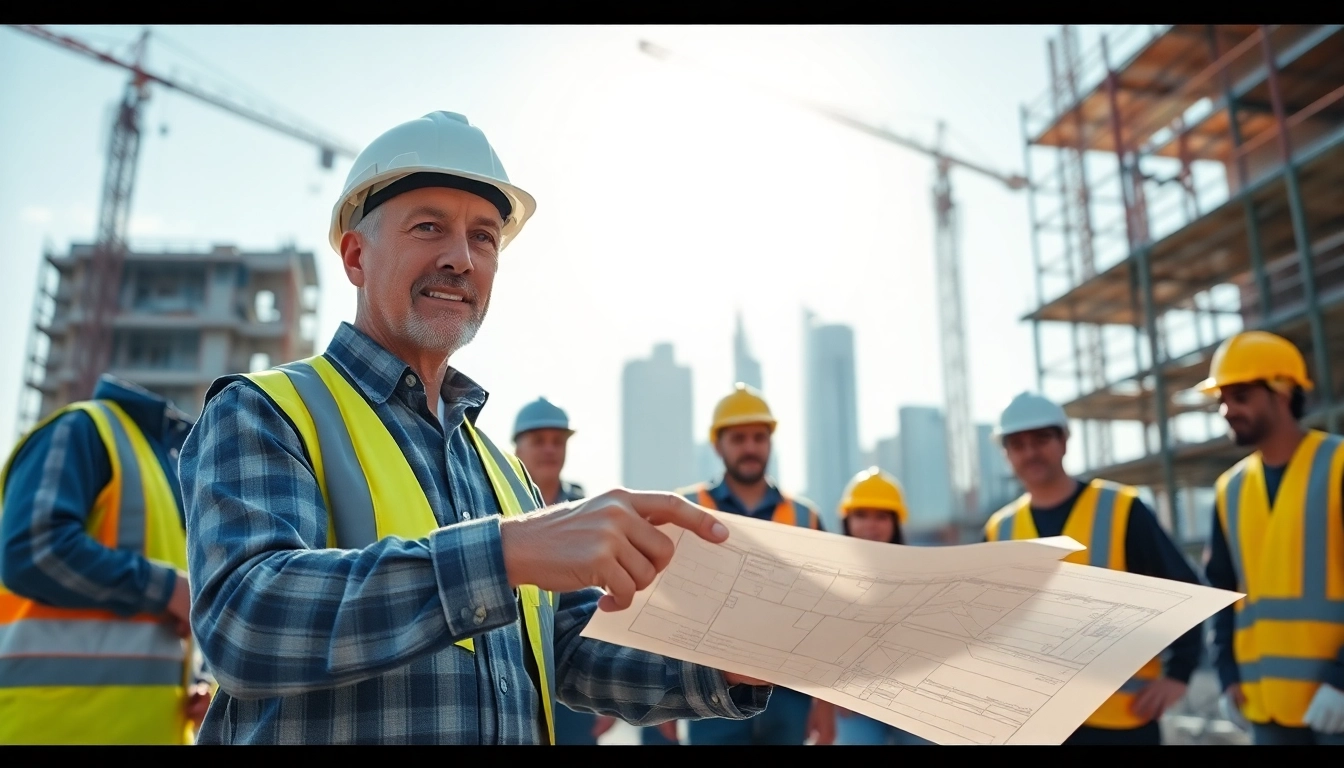New York General Contractor overseeing a bustling construction site with workers and blueprints.