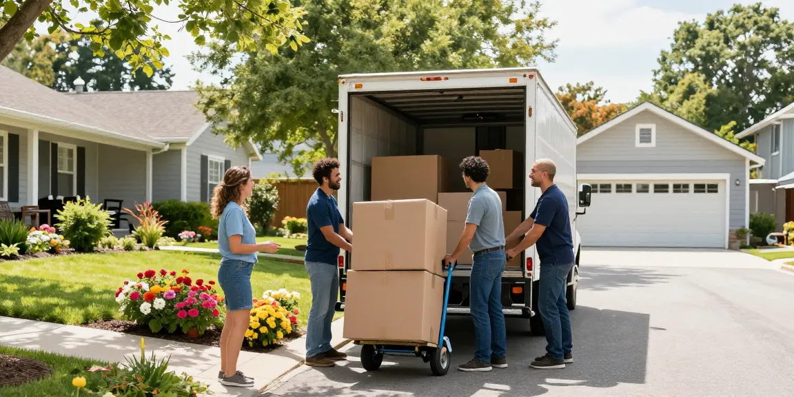 Friendly moving team loading a truck for destination moving in a sunny neighborhood.