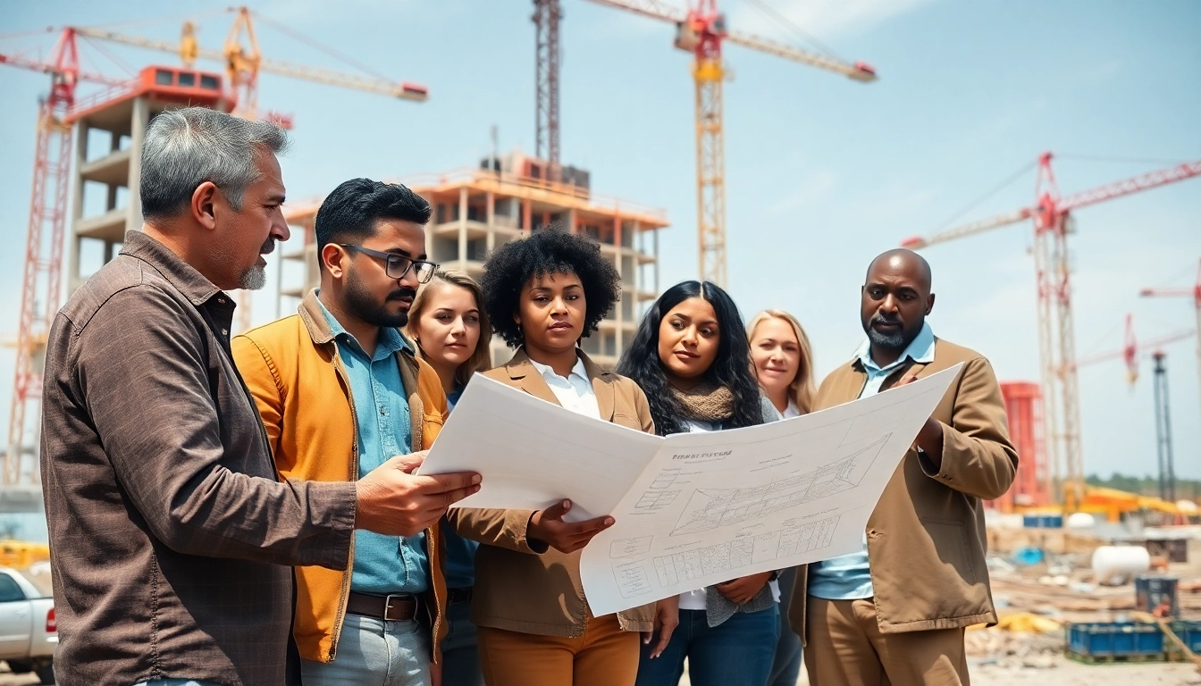 Engaged learners in construction education analyzing blueprints at a bright construction site.