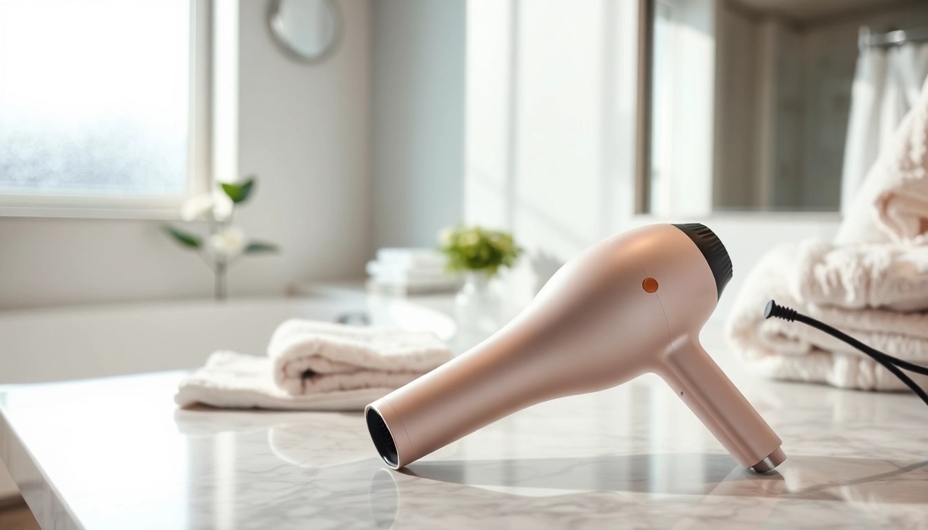 Hair dryer for frizzy hair displayed elegantly in a bright, modern bathroom setting.