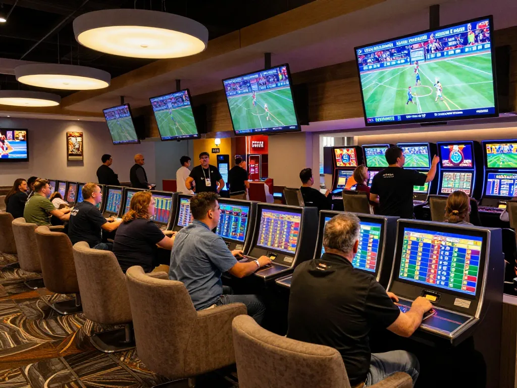 Scommesse europei taking place in a lively sports betting lounge with engaged fans and live screens