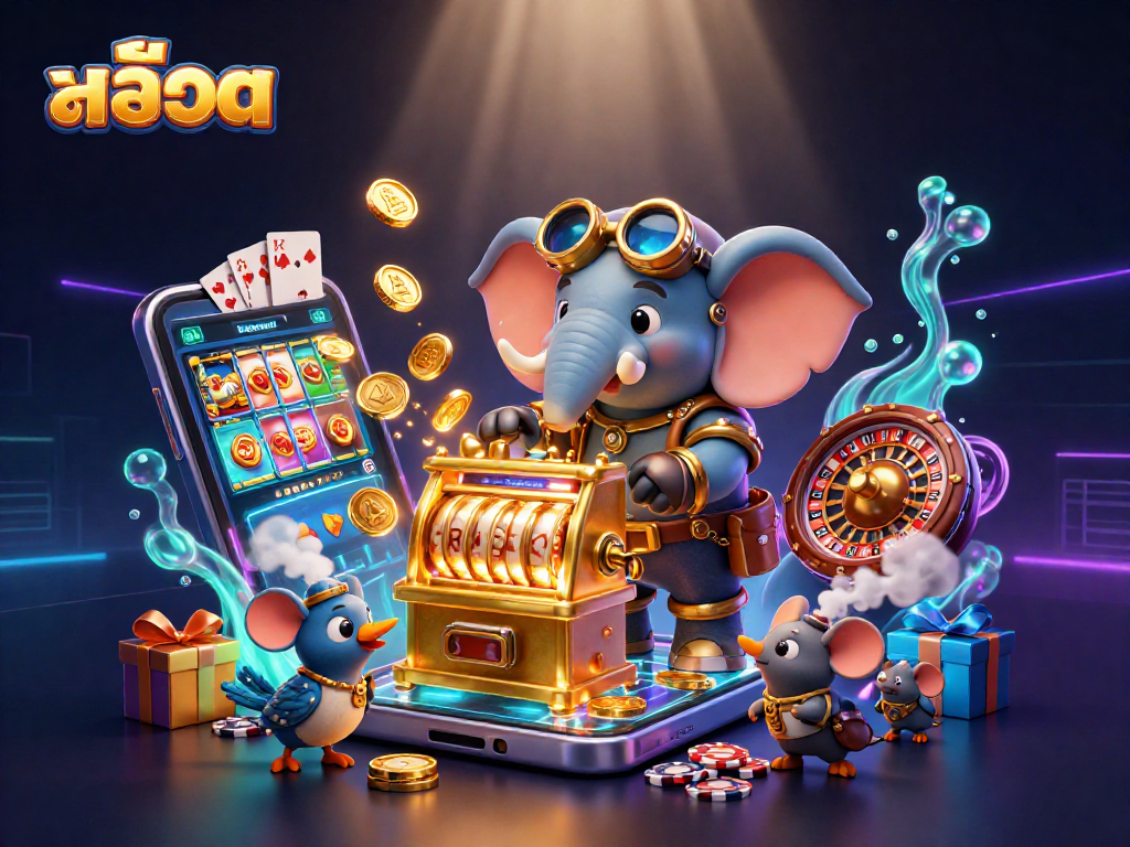 Spin the colorful สล็อต reels with a 3D elephant engineer and casino elements bursting with excitement!