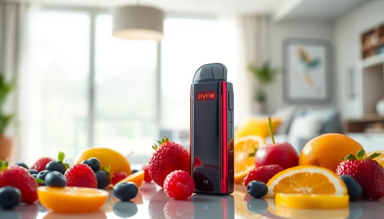 Highlight the pyne pod boost's sleek design against a vibrant fruit backdrop.