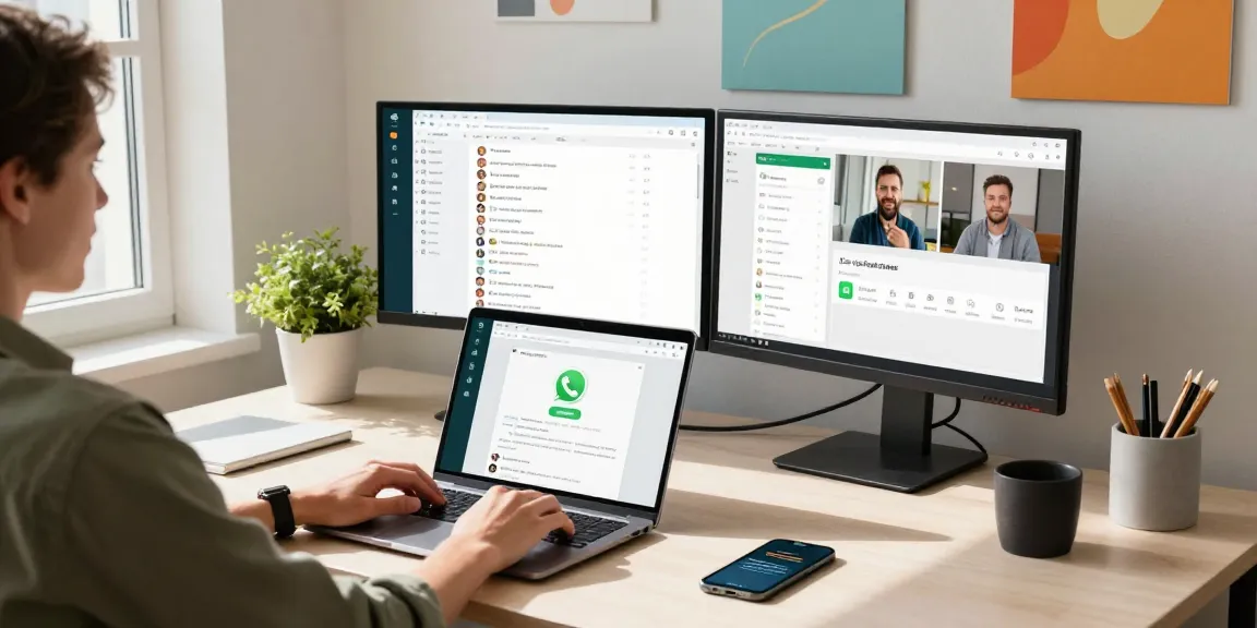 Person using WhatsApp網頁版 on a laptop in a modern workspace with tech devices.