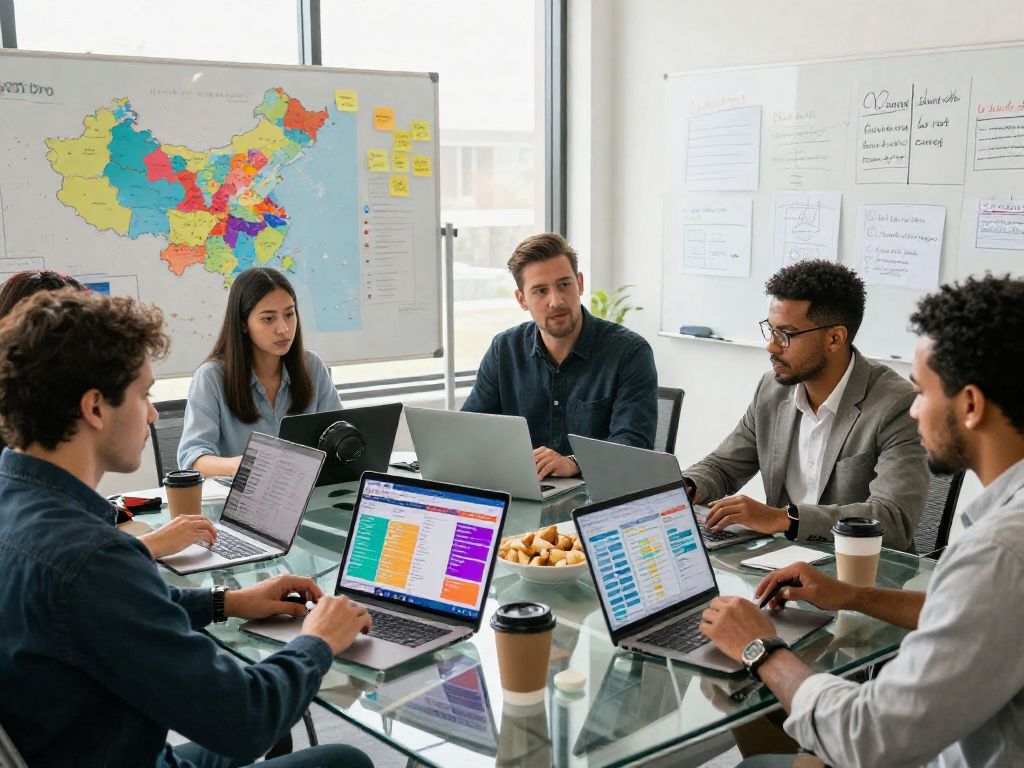 Dynamic team analyzing campaign data analytics services for voter targeting in a modern office.