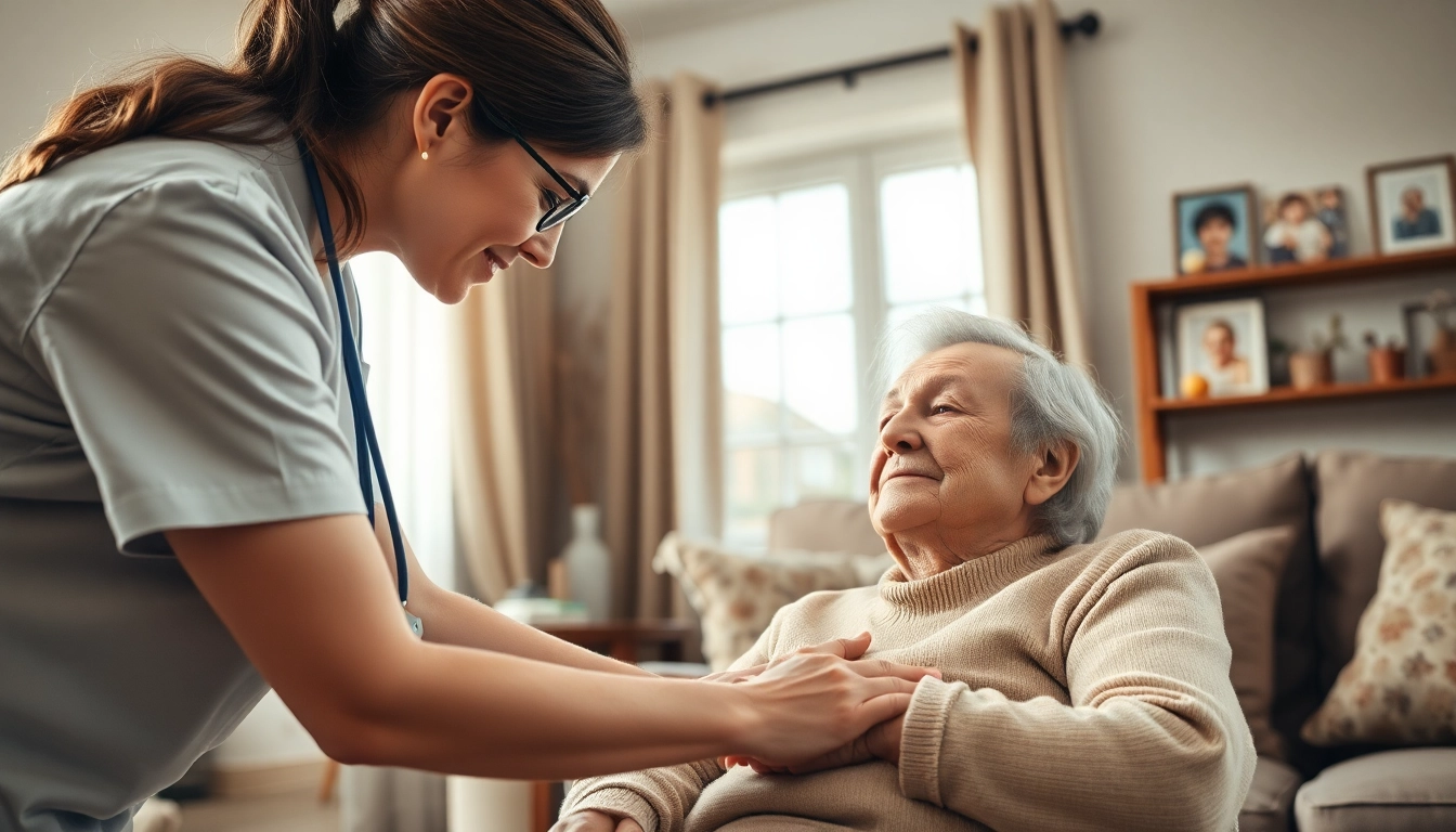 Caregiver providing at home health care services near me in a warm living room setting.