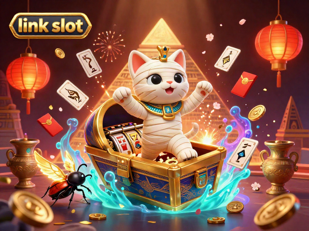 Permainan slot "link slot" dalam ilustrasi 3D dengan karakter kucing mummy Mesir dan elemen kasino yang meriah.